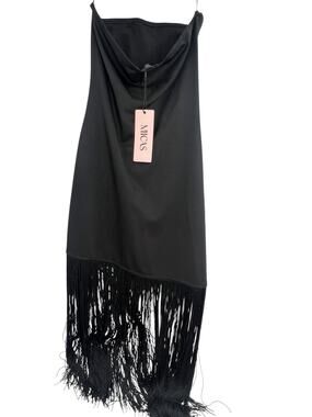 NWT Micas black strapless midi dress features a distinctive long fringe hem